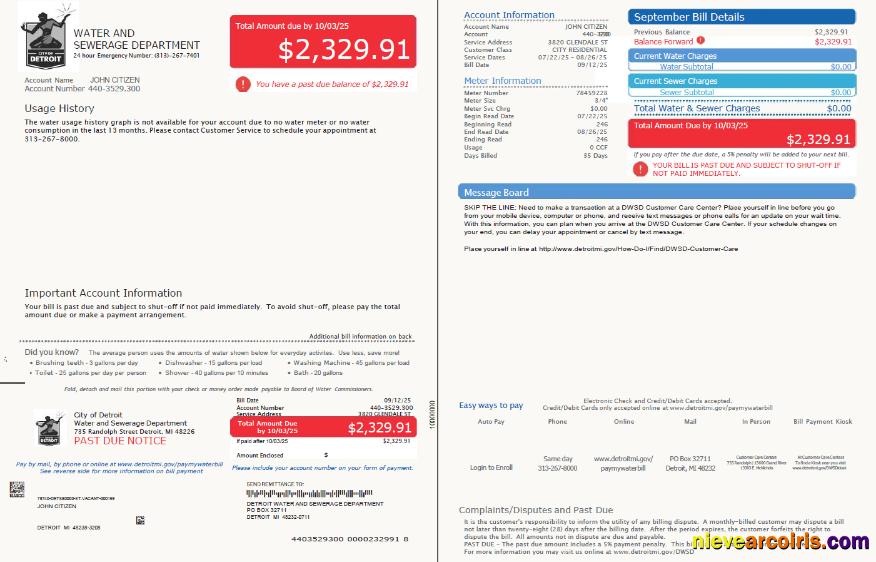USA Glendale Water and Sewerage Department utility bill, 2 pages